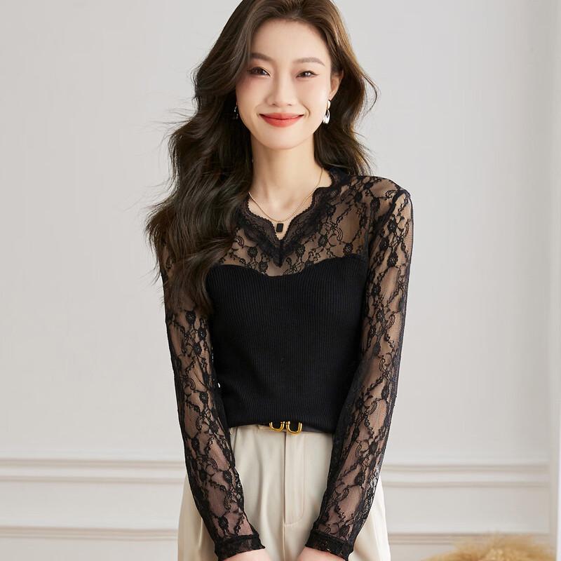 Elegant Wool-Blend Lace Knit Long-Sleeve Top