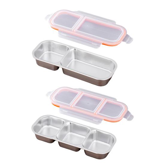 2Pcs Stainless Steel Snack Containers Leak-proof Sauce Box 700ml Divided Snack Food Containers 2/3 Compartment Condiment Box with Lids for Kids Adults