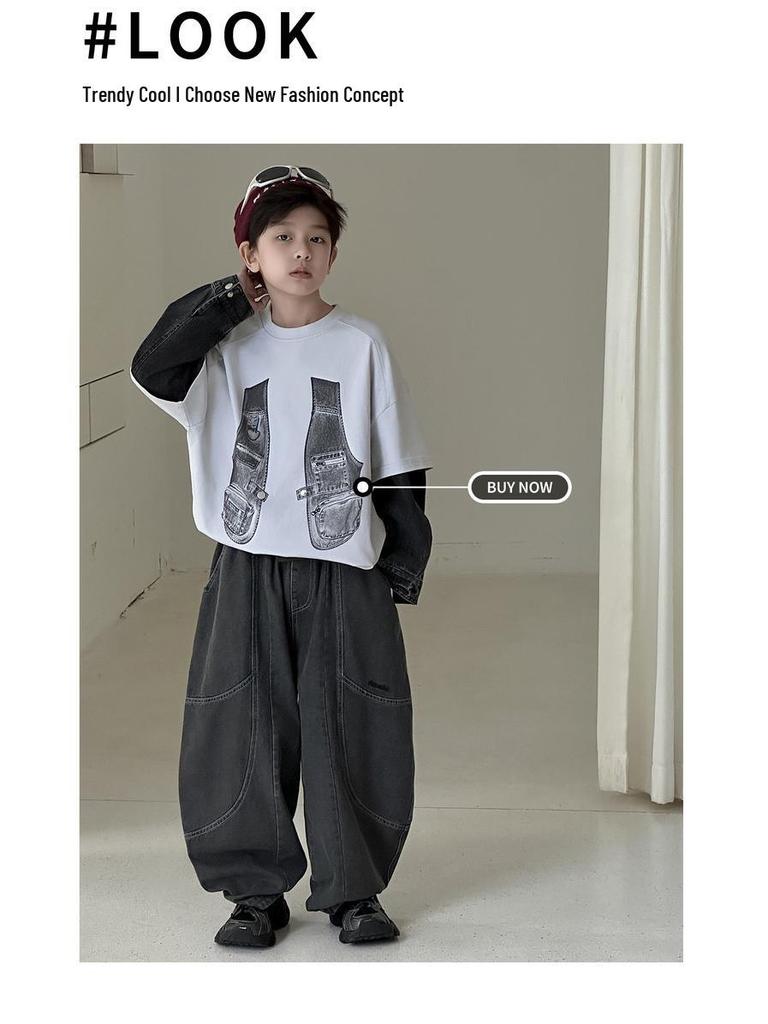 Dziecięce dżinsowe spodnie scimitar: Punkowe haftowane proste nogawki na wiosnę i jesień 2025 - Modna moda chłopięca.