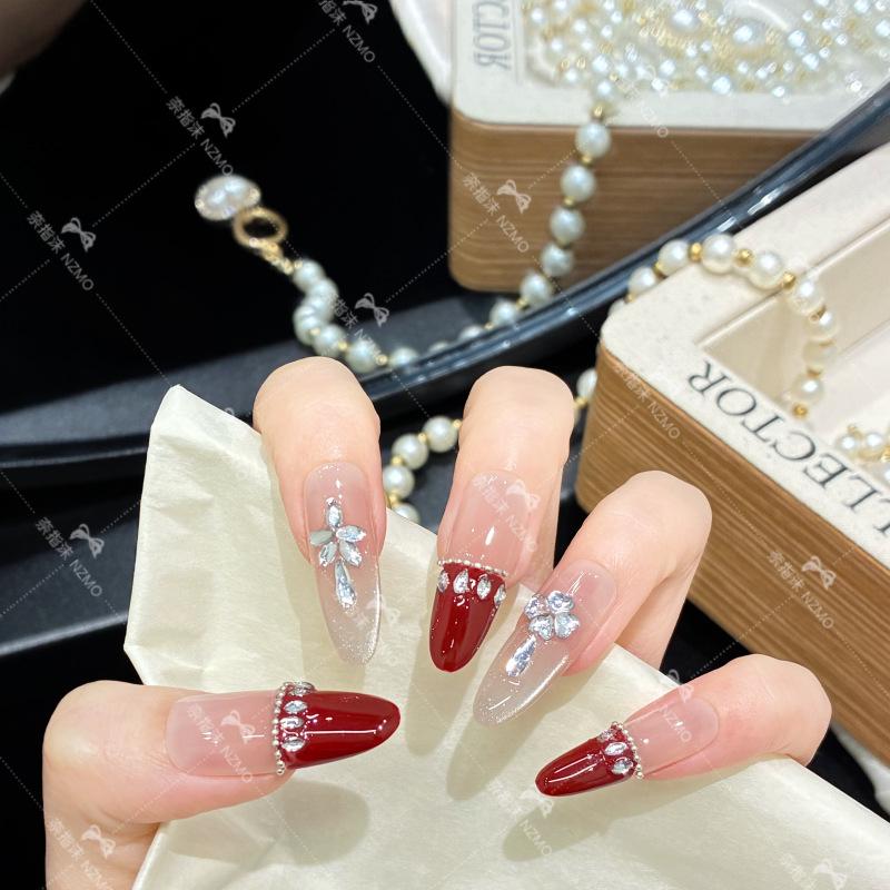 L10 Handmade Elegant French Red Whitening Wearable Nail Art XS (Long Oval)
