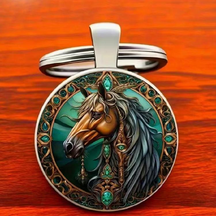 Horse Inspired Pendant Keychain In Alloy Featuring Elegant Green and Gold Detail for Fashionable Accessory and Present