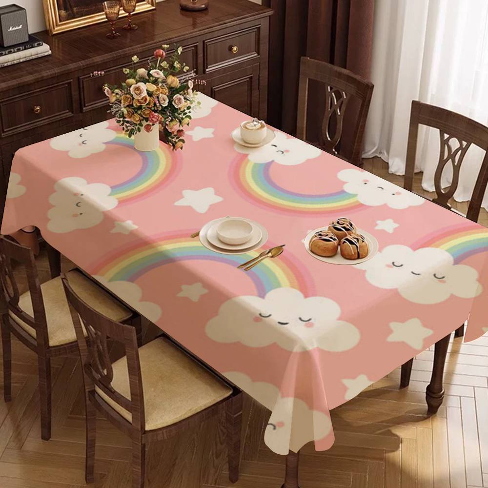 Cloud Rainbow Cartoon Waterproof Rectangle Tablecloth Fiesta Home Decor Dining Room Decor Reusable Table Cover Party Supplies
