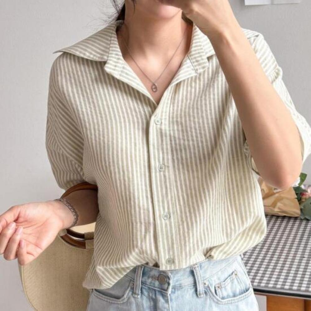 New Arrivals Open Run Women Stripe Basic Daily Short Sleeve Shirt