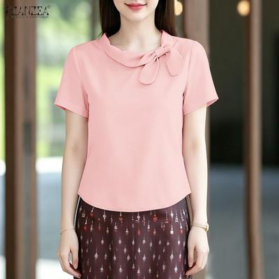 Women Casual Bows Collar Summer Short Sleeve Blouse