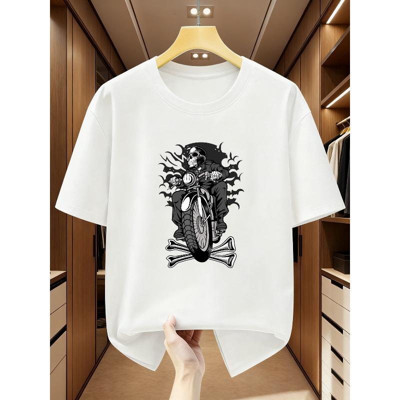 European Sizes Men's T-Shirt with Motorcycle Riding Skeleton Print - Short Sleeve Round Neck Casual Goth Tee for Spring Summer Fall
