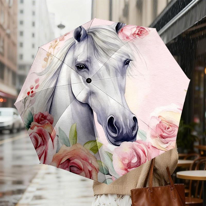 1pc Horse Floral Automatic Folding Umbrella, Heavy Duty 8 Rib Iron Frame,  Suitable for Travel, Daily Use, Birthday, Decor Gift m0104035