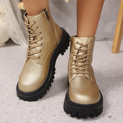 Fashion Fashion Gold PU Leather Platform Ankle Boots Women Thick Sole Lace Up Combat Booties Woman Autumn Winter Chunky Heel Short Boots