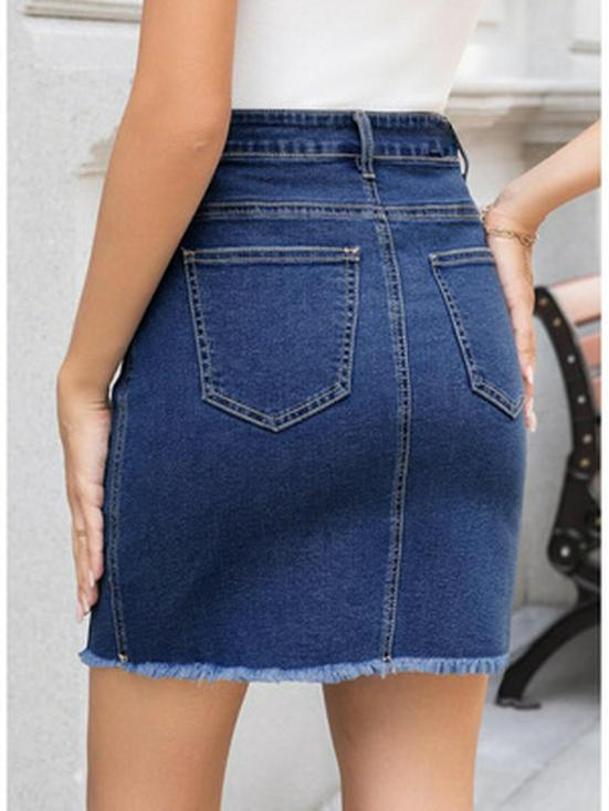 Women's High Waist Ripped Denim Mini Skirt - Slim Fit, Raw Hem, Single-Breasted, European & American Style