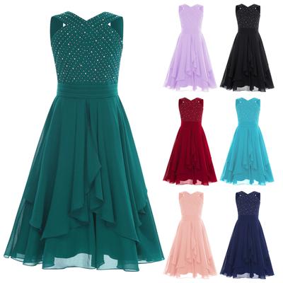 Vestido Brillante para Niñas con Adorno de Pedrería, Cuello en V, Sin Mangas, Plisado, Cintura Alta, Longitud hasta la Rodilla, Vestido de Banquete para Boda