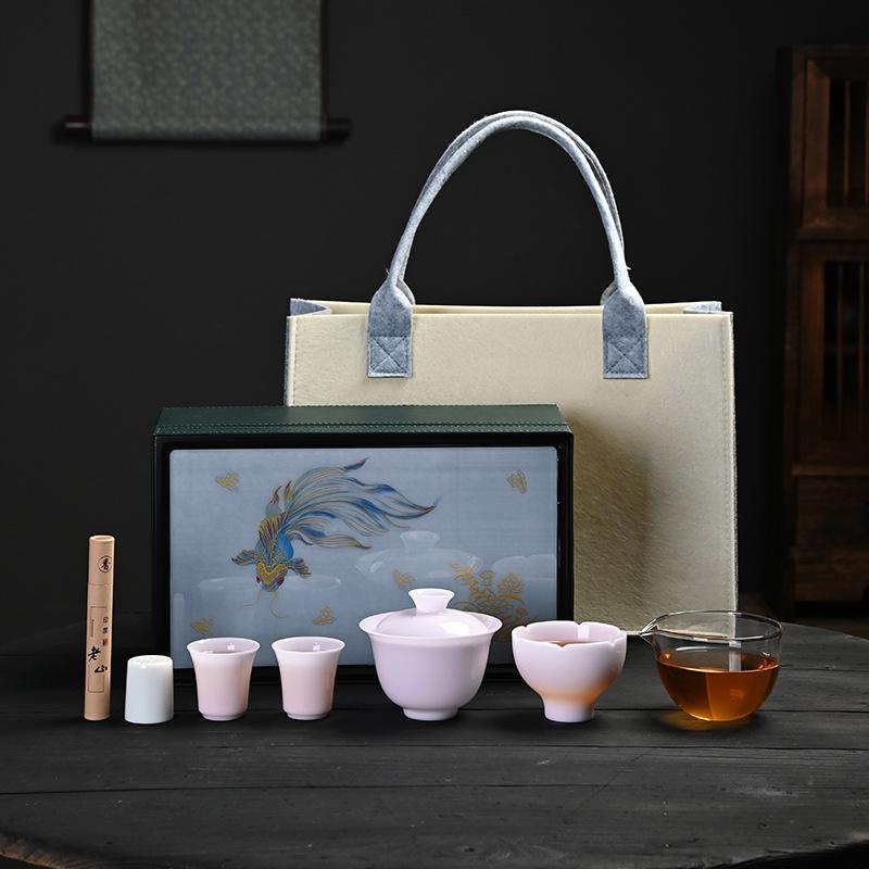 Yangzhi Jade Porcelain Ice Seed Travel Tea Set Light Luxury Household Ceramic Gaiwan Tea Cup High-end Gift Outdoor Tea Set