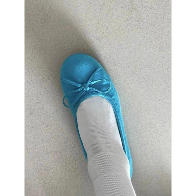 Paris satin bow single shoes women's 2025 spring new round head shallow mouth women's shoes blue flat ballet shoes