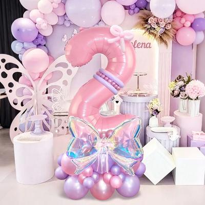 Rainbow Transparent Colorful Bow Balloon Set with 32 Inch Pink Digital Balloon 0-9 for Anniversary Birthday Party Decoration