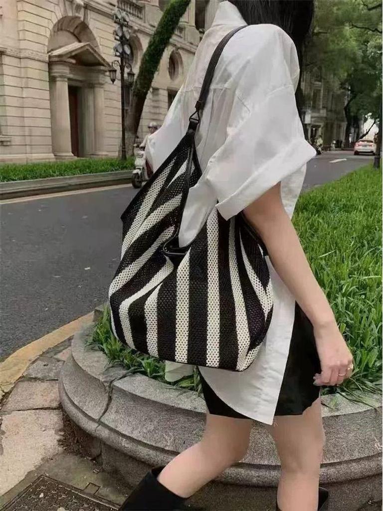 Niche Striped Woven Women's Shoulder Tote – Large Capacity, Casual Style