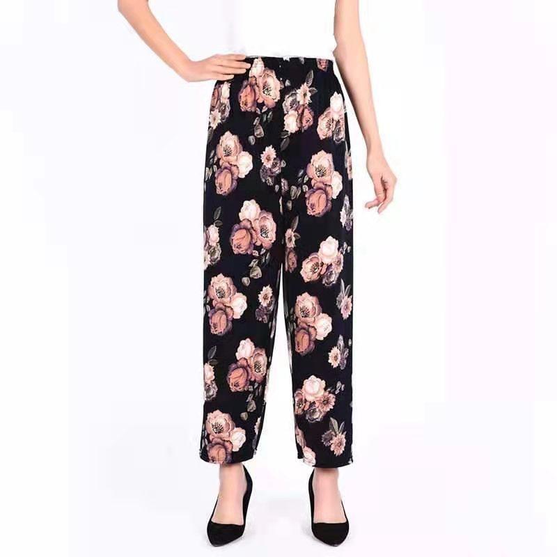 Women's   Summer Ice Silk Home Pants Loose Printed Jogger Pants High Waist Thin Casual Cropped Pants