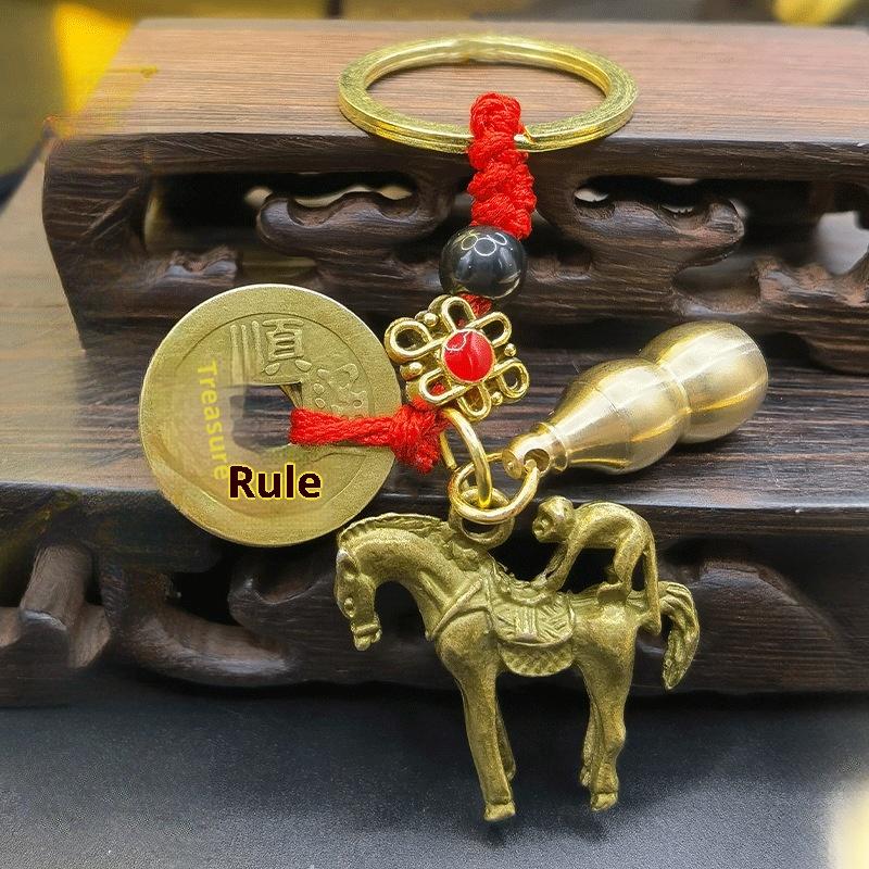 Handmade Horse Gourd Pendant Car Keychain Five Emperors Money Key Chain Feng Shui Coins Solid Lucky Key Rings