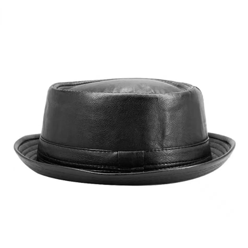 Neue Mode Herren Schwarzer Leder Trilby Hut Männliche Fedora Kappe Retro Damen Herbst Marke Porkpie Hüte Herren Vintage Jazzhüte