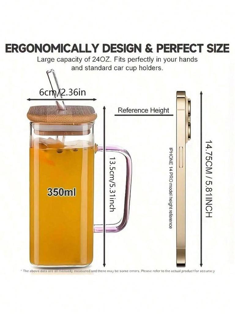 1 pc Bamboo covered straw square glass cup, transparent water cup with handle, iced coffee cup, juice