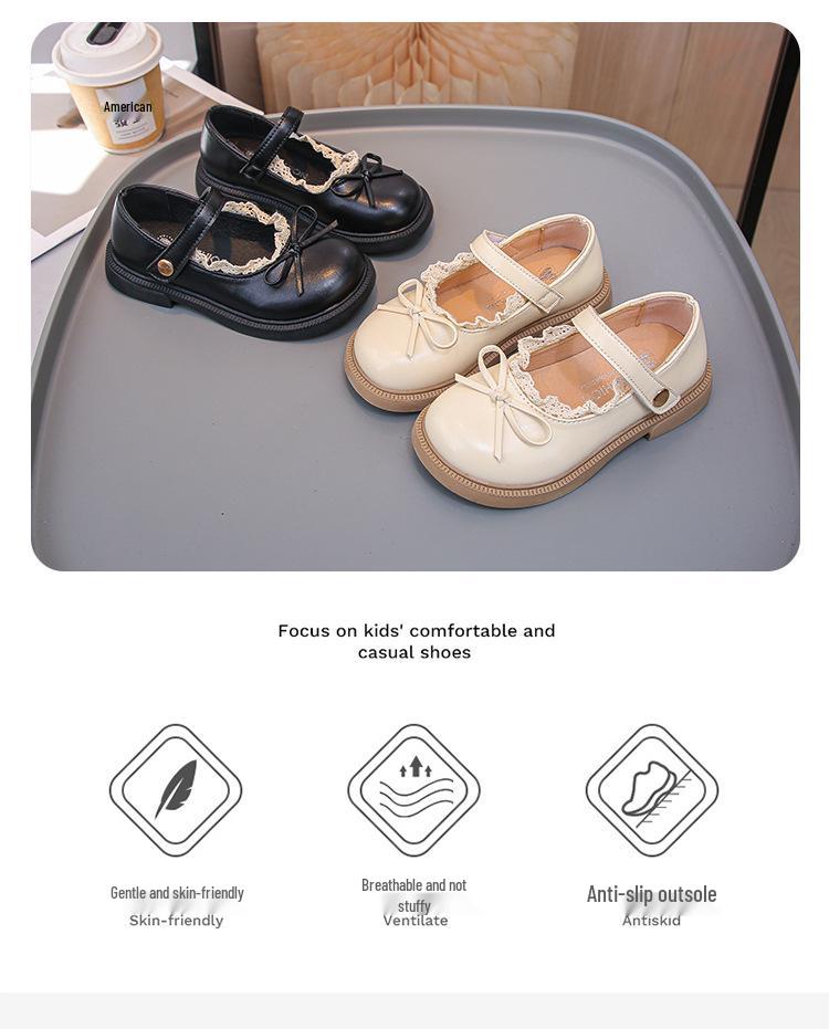 Girls' Classic Black Leather Princess Shoes - Soft Sole Lace Casual Flats for Spring & Autumn