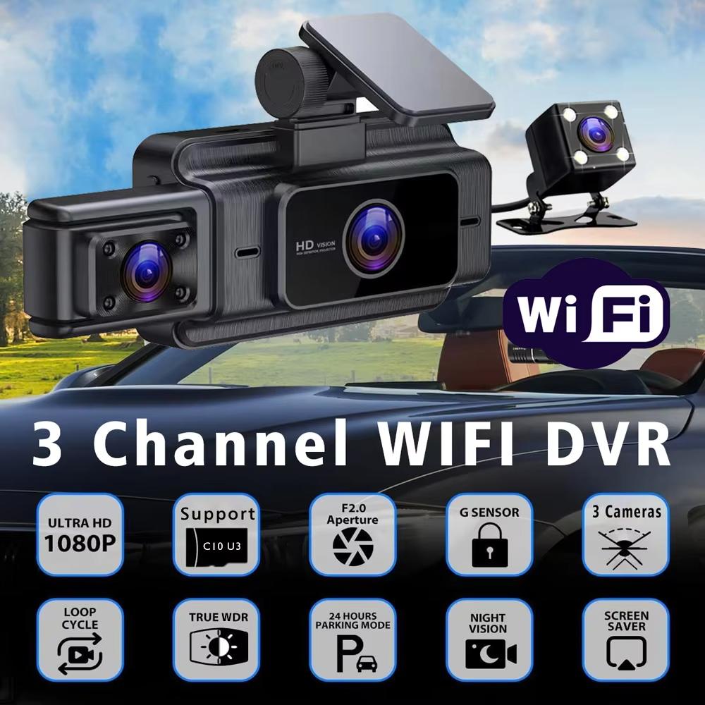 Wifi 2/3 Kamera Samochodowa DVR Dash Cam FHD 1080P 3 Kanały Obiektyw Kamera Samochodowa Wnętrze Dashcam Rejestrator Wideo Black Box Super Night Vision