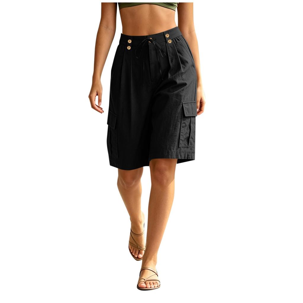 Damen Freizeit Cargo-Shorts knielang mit Knopfverschluss und Seitentaschen Leichter atmungsaktiver Stoff Geeignet für den täglichen Gebrauch