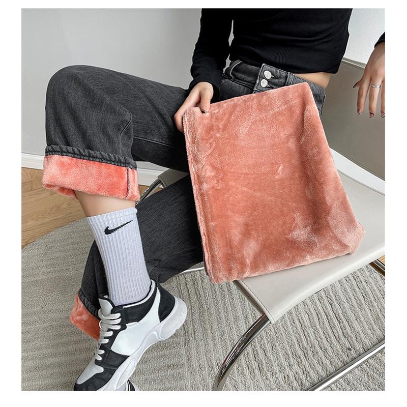 Vintage høy midje dame jeans vinter tykk varm Streetwear jeans med brede ben Dame dongeribukser Rett baggy mor dongeribukser
