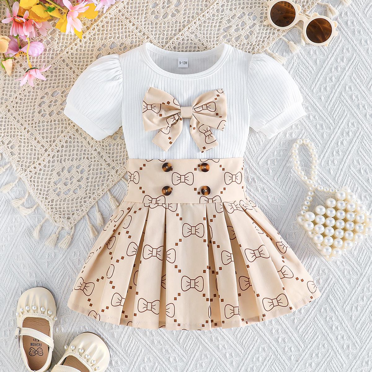 

2PCS Baby Girl Puff Sleeve Ribbed Top & Bow Print Pleated Skirt Set, Cute Daily Outfit 6-9M миндальный