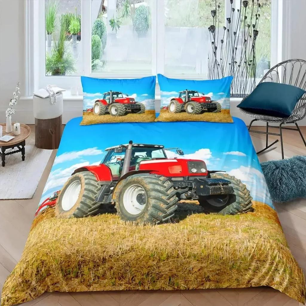 Retro Tractor King Queen Duvet Cover Car Bedding Set Engineering Vehicle Quilt Cover Farm Tool Cart Polyester Quilt Cover