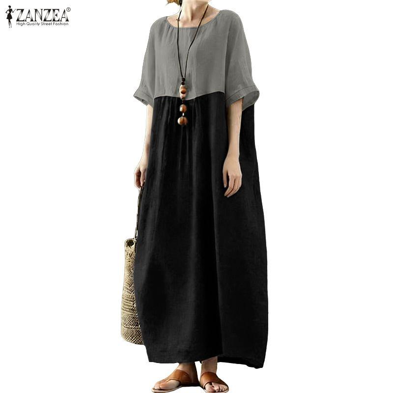 ZANZEA Women Casual Round Neck Half Sleeve Patchwork Long Dress