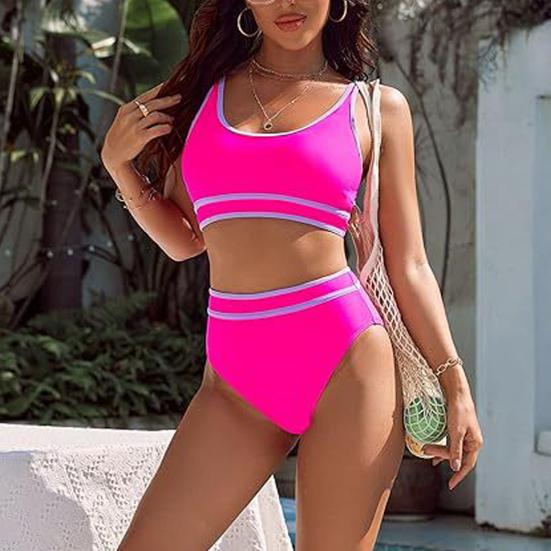 2ks/sada Dámské letní bikini souprava podprsenka bez rukávů s výstřihem do U, kalhotky s vysokým pasem, plavky plavky