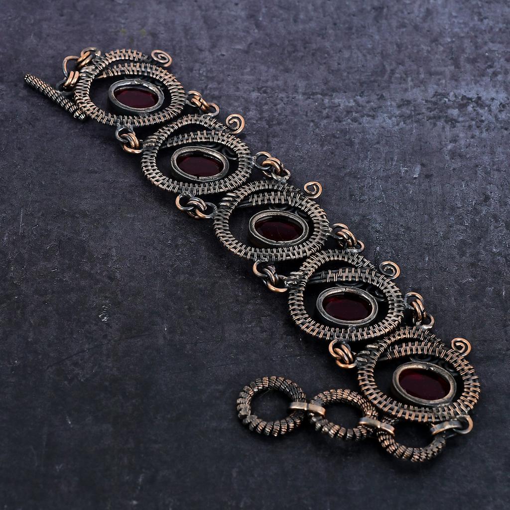 Natural Mozambique Garnet Gemstone Handmade Copper Wire Wrap Bracelet 7-8" C8C44
