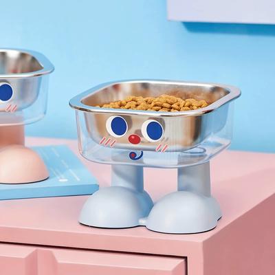 Cute Cartoon Elevated Stainless Steel Cat Bowl, Neck Protection Pet Food Bowl, Non-slip Feeding Bowl for Cats Small Dogs