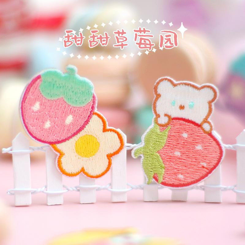 Self-Adhesive Japanese Cute Embroidery Cloth Sticker Hand Ledger Mobile Phone Case Strawberry Cake Embroidery Sticker Hole Patch Sticker