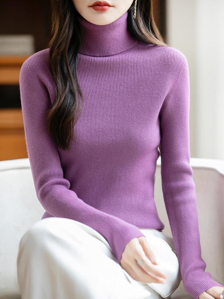 Women's Striped Wool High-Neck Sweater – Knitted Autumn/Winter Pullover Top