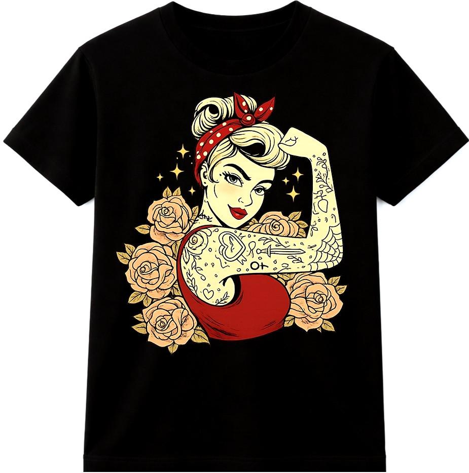 Pin Up Girl T Shirt Retro Rockabilly Tattoo Graphic Tee Vintage Casual Top