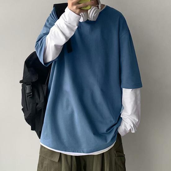 Men T-shirt Fake Two Pieces Long Sleeves O Neck Contrast Color Sweatshirt Warm Casual Plus Size Soft Hip Hop Men Top for School