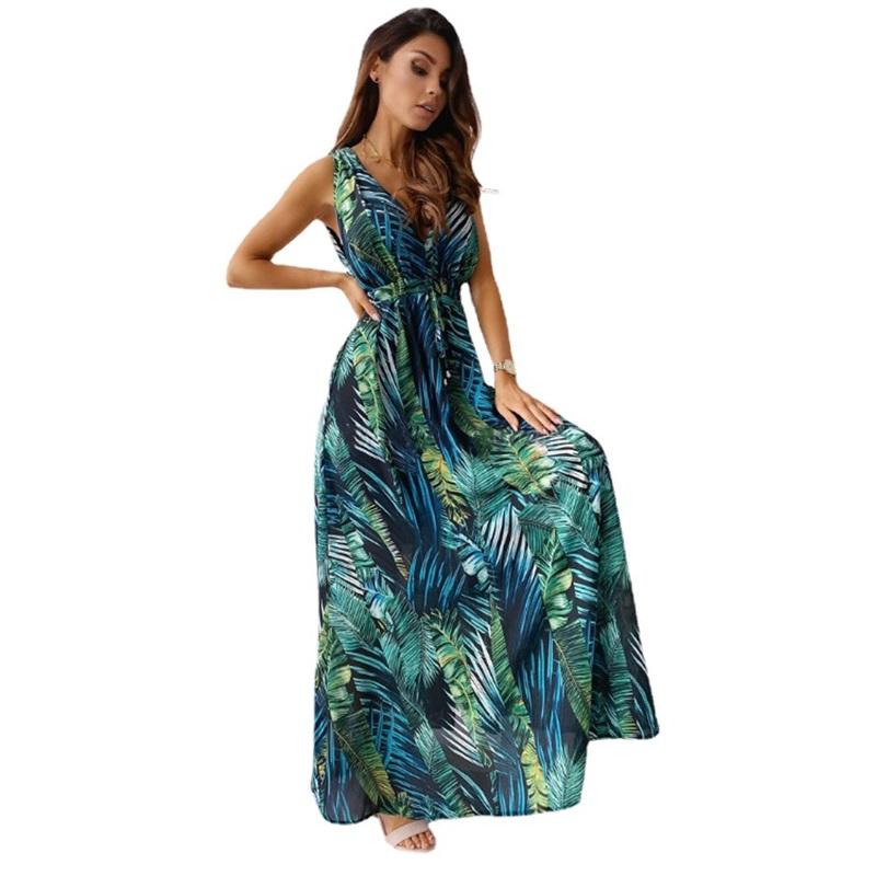 Tropical Floral Print Deep V Neck Spaghetti Strap Maxi Dress Beach Sundress