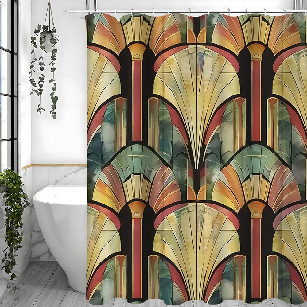 Vintage Mid Century Gold Gothic European Pattern Shower Curtain, Bathroom Decorative Shower Curtain, Waterproof Shower Curtain w