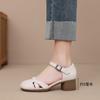 New Summer Soft Cowhide Hollow Woven Sandals Thick Heel Women's Shoes Breathable Medium Heel Shallow Mouth Single Shoes