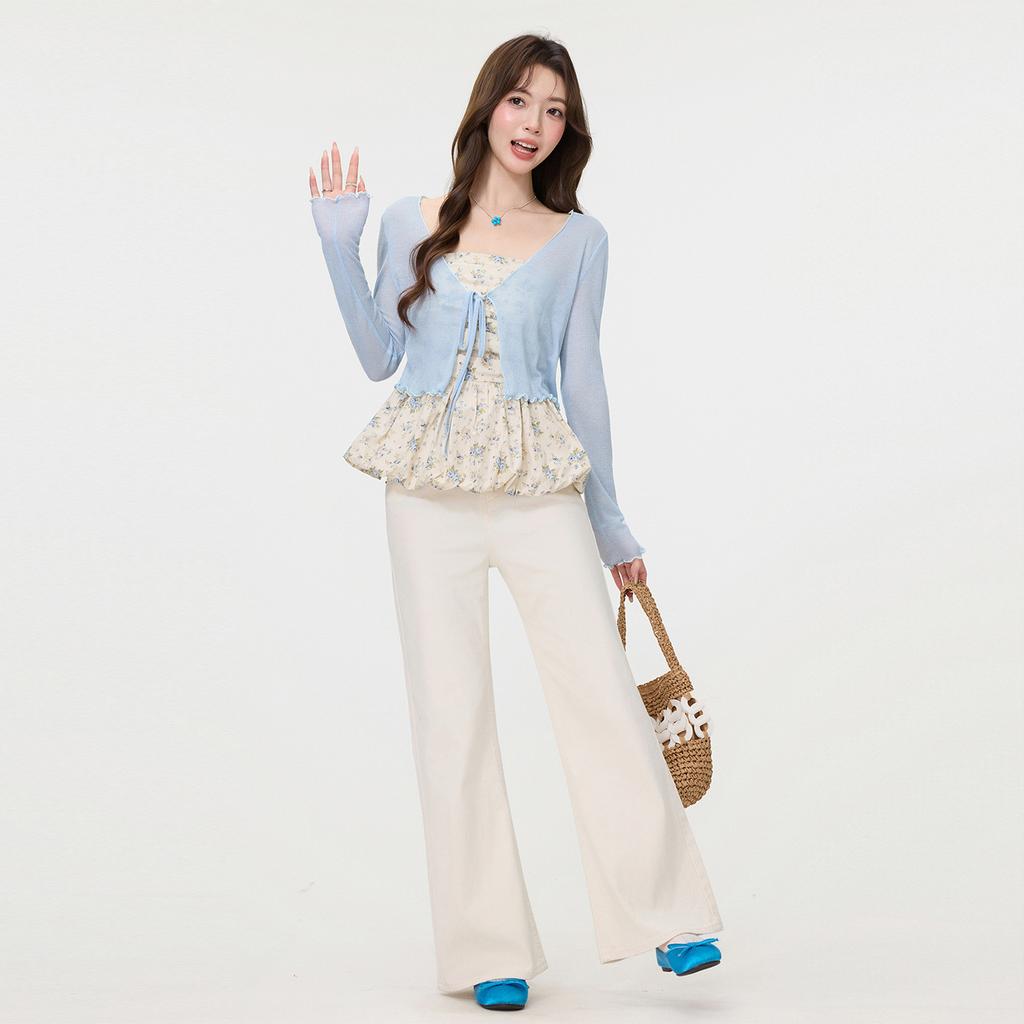 Blue Thin with Suspenders, Straps, Shawl, Knitted Cardigan, Women's Spring and Summer Design, Fungus Edge Top Blouse