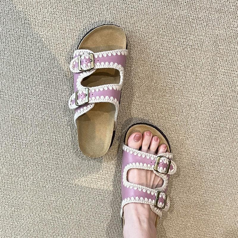 Sheepskin version~ Round head leather outer wear open-toed women's retro thick-soled versatile comfortable flat-bottomed one-word slippers