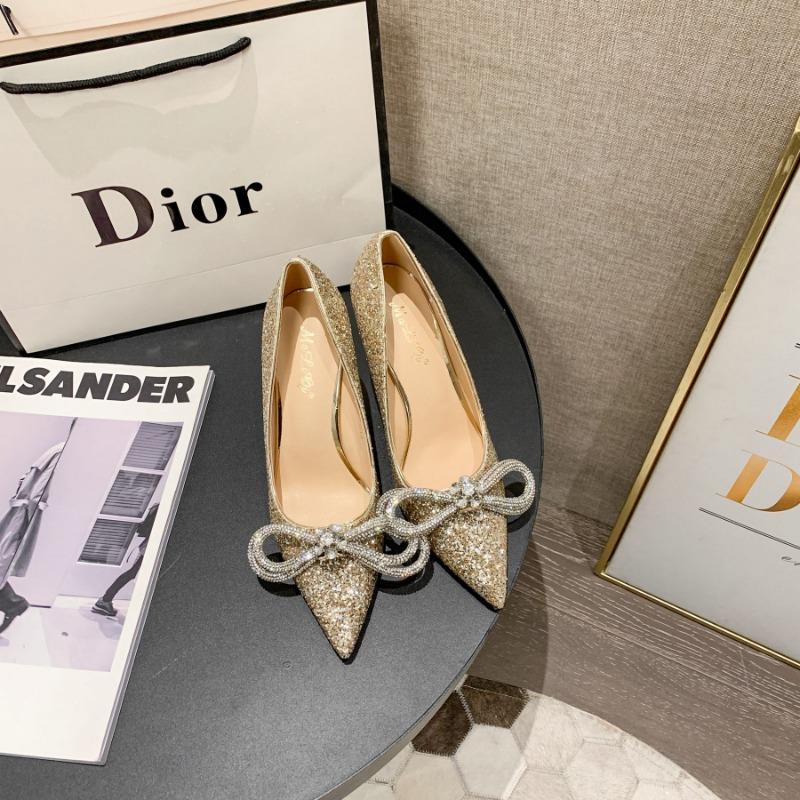 Early spring new black fine flash high heels pointed thin heels dinner sexy rhinestone bow single shoes women