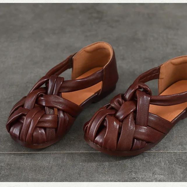 Johnature Genuine Leather Flat Roman Sandals Woven Hollow-out Breathable Women's Shoes