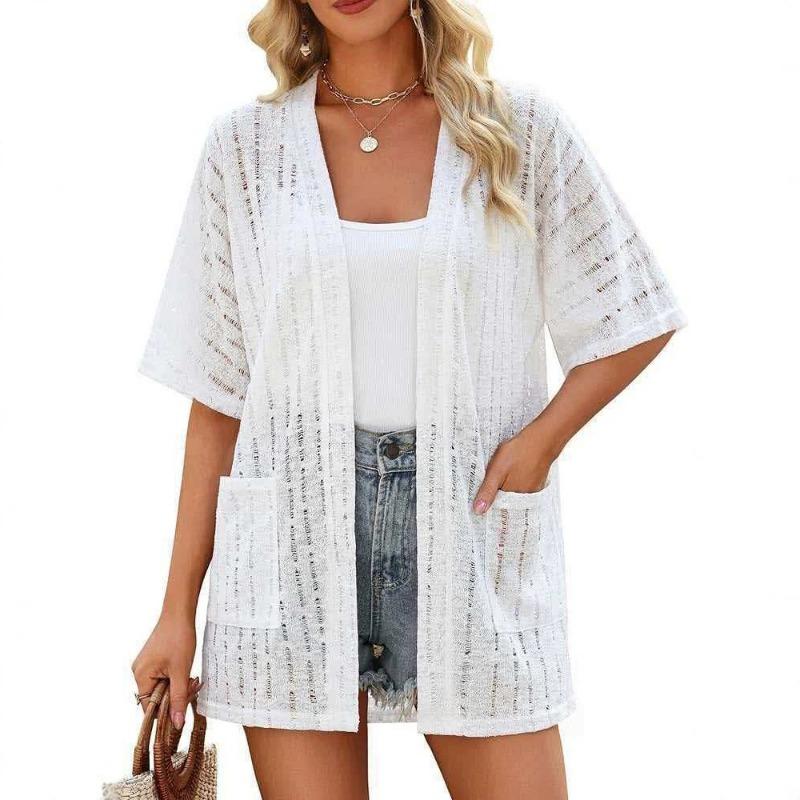 Women Casual Loose Short Sleeve Open Front Pocket Cardigan Sun Protection Outerwear