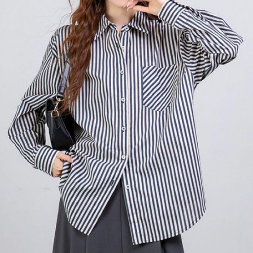 Navava Women Casual Office Stripe Loose Fit Long Sleeve Shirt Nb3067