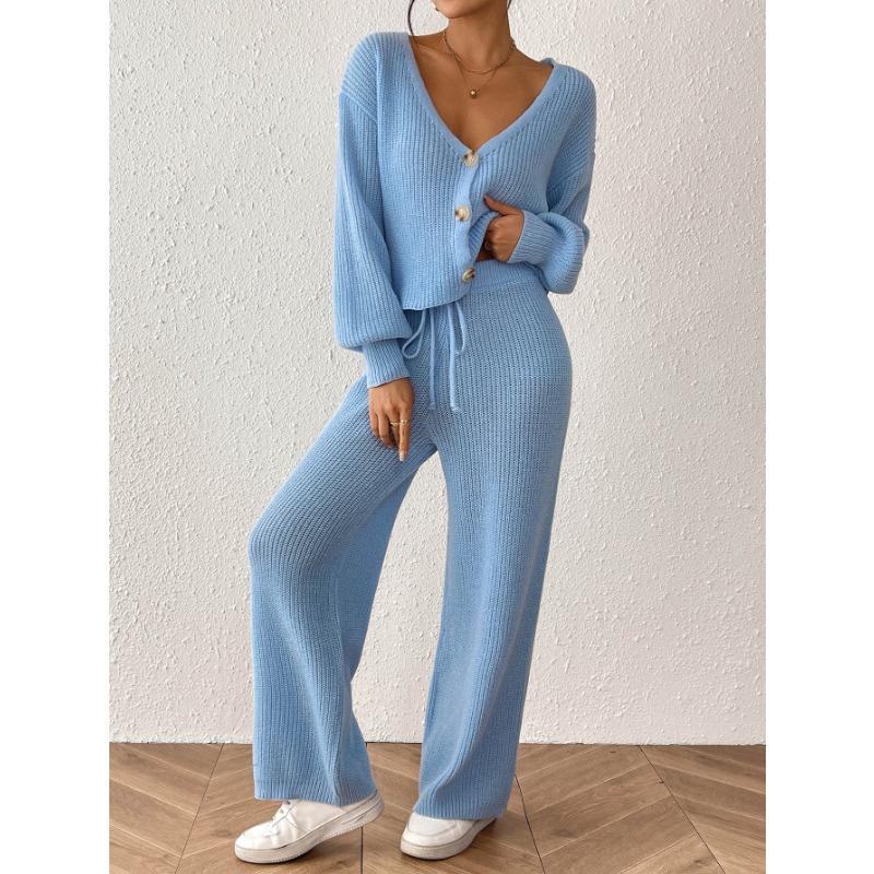 Women S Two Piece Set Long Sleeve Open Front Cardigan Wide Leg Pants Solid Color