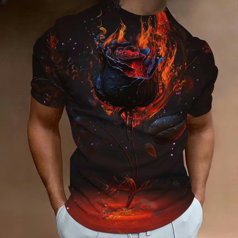 T-Shirt Men Novelty Red Rose 3D Printed Summer Crew Neck Short Sleeve Casual Graphic T Shirts Fashion Oversized Men's Clothing