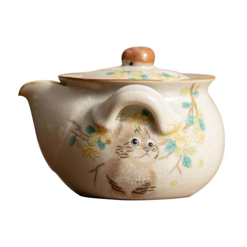 Chinese-style Cute Cat Hand-caught Pot Treasure Bottle Anti-scald Tea Bowl Small Cover Bowl Light Luxury Retro Ceramic Teapot