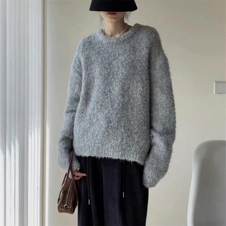 Circle Yarn Solid Color Crew Neck Pullover Sweater Women's Autumn and Winter New Loose Lazy Wind Knitted Sweater