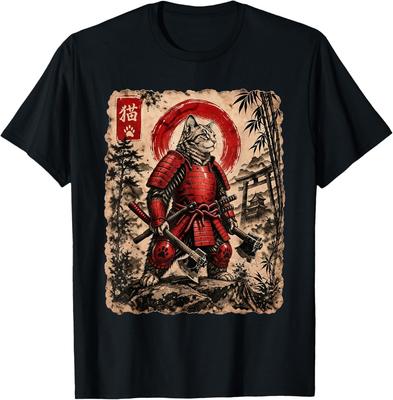 Samurai Cat Japanese Ukiyoe Art Anime Funny Cat Graphic T-Shirt