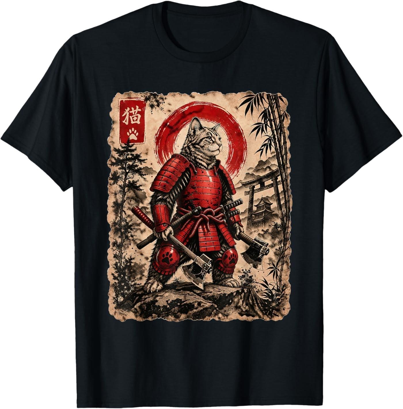 Samurai Cat Japanese Ukiyoe Art Anime Funny Cat Graphic T-Shirt S